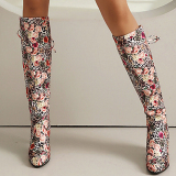 Multicolor Lace Up Floral Print Pointed Slip-on Knee-length Thick High Heel Boots Shoes (Heel Height 2.95in)