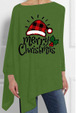 Fluorescent Green Christmas Tree Letter Print Casual Loose Irregular Hem Round Neck Long Sleeve Tops Blouses