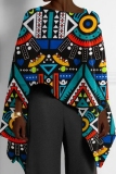 Blue African Pattern Girl Print Casual Loose High Low Round Neck Long Sleeve Fall Winter Cloaks Tops Blouses