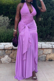 Sleeveless Ruched Strap Design Floor Length Side Slit Irregular Hem Long Evening Formal Party Halter Maxi Dresses
