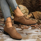Casual Fall Winter Lace Up Leopard Contrast Pointed Low Chunky Heel Slip-on Loafer Shoes