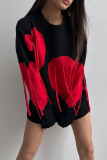 Red Casual Loose Knitting Fringed Trim Heart Shaped Contrast Draw String Hooded Collar Long Sleeve Fall Winter Sweatshirts Tops
