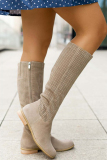 Khaki Fall Winter Casual Daily Hollow Out Breathable Round Knee-length Round Toe Thick Low Heel Boots Shoes