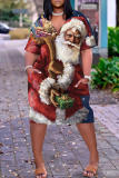 Brown Christmas Dress Santa Claus Print Deep V Neck Long Sleeve Ankle Length Casual Outing Straight Loose Midi Dress with Pocket