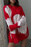 Red Casual Loose Knitting Fringed Trim Heart Shaped Contrast Draw String Hooded Collar Long Sleeve Fall Winter Sweatshirts Tops