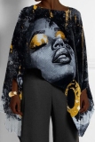 Blue African Pattern Girl Print Casual Loose High Low Round Neck Long Sleeve Fall Winter Cloaks Tops Blouses