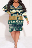 Green Casual National Totem Print Lace Up V Neck Long Sleeve Ruffle Hem Vacation Plus Size Bodycon Midi Dresses