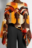 Orange Red African Pattern Girl Print Casual Loose High Low Round Neck Long Puff Sleeve Fall Winter Cloaks Tops Blouses