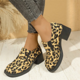 Grey Casual PU Leopard British Style Round Toe Wedges Slip-on Chunky Heel Loafer Shoes (Heel Height 2.17in)
