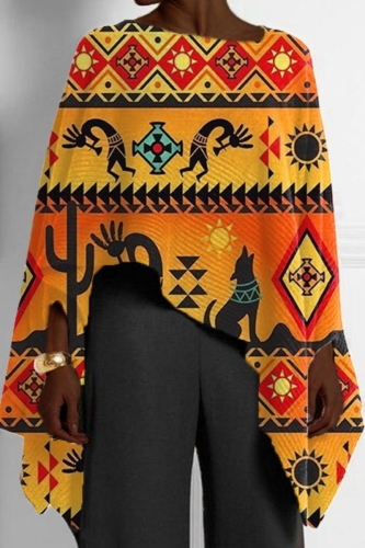 Red Green African Pattern Print Casual Loose High Low Round Neck Long Puff Sleeve Fall Winter Cloaks Tops Blouses