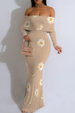 Khaki Floral Print Long Sleeve Off Shoulder One Step Skirt Formal Evening Party Wedding Bodycon Maxi Dress