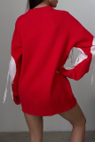 Red Casual Loose Knitting Fringed Trim Heart Shaped Contrast Draw String Hooded Collar Long Sleeve Fall Winter Sweatshirts Tops