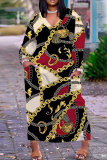 White Casual Chain Print V Neck Long Sleeve Long Plus Size Casual Outing Straight Loose Maxi Dress with Pocket