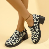 Grey Casual PU Leopard British Style Round Toe Wedges Slip-on Chunky Heel Loafer Shoes (Heel Height 2.17in)