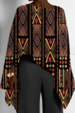 Orange Red African Pattern Girl Print Casual Loose High Low Round Neck Long Puff Sleeve Fall Winter Cloaks Tops Blouses