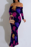 Khaki Floral Print Long Sleeve Off Shoulder One Step Skirt Formal Evening Party Wedding Bodycon Maxi Dress