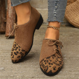 Casual Fall Winter Lace Up Leopard Contrast Pointed Low Chunky Heel Slip-on Loafer Shoes