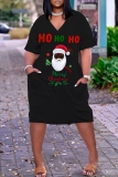 Brown Christmas Dress Santa Claus Print Deep V Neck Long Sleeve Ankle Length Casual Outing Straight Loose Midi Dress with Pocket