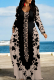 Black Floral Print V Neck Long Sleeve Floor Length Casual Outing Loose Maxi Dress