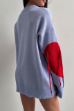 Red Casual Loose Knitting Fringed Trim Heart Shaped Contrast Draw String Hooded Collar Long Sleeve Fall Winter Sweatshirts Tops