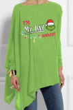 Fluorescent Green Christmas Tree Letter Print Casual Loose Irregular Hem Round Neck Long Sleeve Tops Blouses