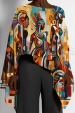 Blue African Pattern Girl Print Casual Loose High Low Round Neck Long Sleeve Fall Winter Cloaks Tops Blouses