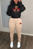 Dark Green Letter Bear Print Long Sleeve Hooded Sweatshirt and Skinny Stack Pant Casual Sportwear Two Piece Sweatpant Set