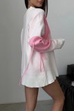 Red Casual Loose Knitting Fringed Trim Heart Shaped Contrast Draw String Hooded Collar Long Sleeve Fall Winter Sweatshirts Tops
