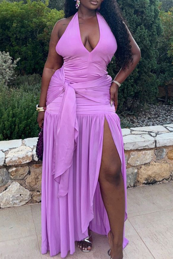Sleeveless Ruched Strap Design Floor Length Side Slit Irregular Hem Long Evening Formal Party Halter Maxi Dresses