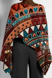 Red Green African Pattern Print Casual Loose High Low Round Neck Long Puff Sleeve Fall Winter Cloaks Tops Blouses