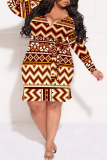 Green Casual National Totem Print Lace Up V Neck Long Sleeve Ruffle Hem Vacation Plus Size Bodycon Midi Dresses
