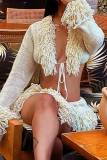 Apricot Wool Knitting Fringed Trim Deep V Neck Tie-front Long Sleeve Crop Tops and Slit Mini Skirts Two Pieces Dress Sets