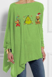 Fluorescent Green Christmas Tree Letter Print Casual Loose Irregular Hem Round Neck Long Sleeve Tops Blouses