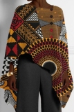 Red Green African Pattern Print Casual Loose High Low Round Neck Long Puff Sleeve Fall Winter Cloaks Tops Blouses