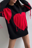 Red Casual Loose Knitting Fringed Trim Heart Shaped Contrast Draw String Hooded Collar Long Sleeve Fall Winter Sweatshirts Tops