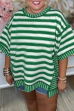 Red Striped Print O Neck Short Sleeve Loose T Shirt Women Summer Tees