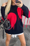 Red Casual Loose Knitting Fringed Trim Heart Shaped Contrast Draw String Hooded Collar Long Sleeve Fall Winter Sweatshirts Tops