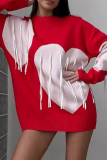 Red Casual Loose Knitting Fringed Trim Heart Shaped Contrast Draw String Hooded Collar Long Sleeve Fall Winter Sweatshirts Tops