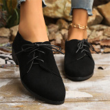Casual Fall Winter Lace Up Leopard Contrast Pointed Low Chunky Heel Slip-on Loafer Shoes
