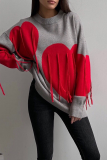 Red Casual Loose Knitting Fringed Trim Heart Shaped Contrast Draw String Hooded Collar Long Sleeve Fall Winter Sweatshirts Tops