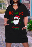 Brown Christmas Dress Santa Claus Print Deep V Neck Long Sleeve Ankle Length Casual Outing Straight Loose Midi Dress with Pocket