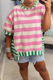Red Striped Print O Neck Short Sleeve Loose T Shirt Women Summer Tees