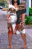 Brown Christmas Dress Santa Claus Print Deep V Neck Long Sleeve Ankle Length Casual Outing Straight Loose Midi Dress with Pocket
