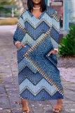 Multicolor Casual Faux Denim Print V Neck Long Sleeve Long Plus Size Maxi Casual Outing Straight Loose Maxi Dress with Pocket