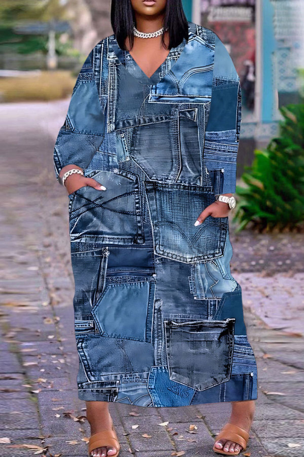 Multicolor Casual Faux Denim Print V Neck Long Sleeve Long Plus Size Maxi Casual Outing Straight Loose Maxi Dress with Pocket