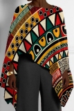 Orange Red African Pattern Girl Print Casual Loose High Low Round Neck Long Puff Sleeve Fall Winter Cloaks Tops Blouses