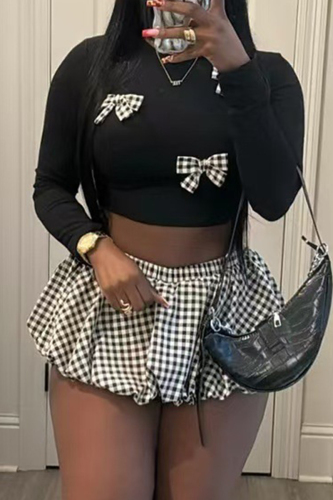 Black Casual Plaid Bowknot Decor Round Neck Long Sleeve Crop Tops and Mini Bubble Skirts Two Pieces Dress Sets