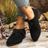 Casual Fall Winter Lace Up Leopard Contrast Pointed Low Chunky Heel Slip-on Loafer Shoes