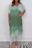 Pink Gradient Print V Neck Short Sleeve Casual Outing Vacation Straight Loose Chiffon Maxi Dress