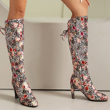 Multicolor Lace Up Floral Print Pointed Slip-on Knee-length Thick High Heel Boots Shoes (Heel Height 2.95in)